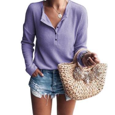 Imagem de Camisa feminina com decote em V, manga comprida, botão, algodão roxo -