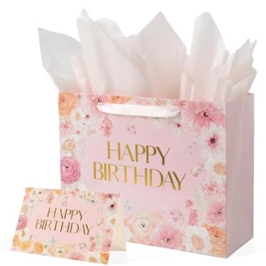 Imagem de Bolsa grande de presente de flores silvestres de 33 cm, bolsa de feliz aniversário com alças, cartão de felicitações, papéis de seda para mulheres, meninas, festa de aniversário, lembrancinhas de