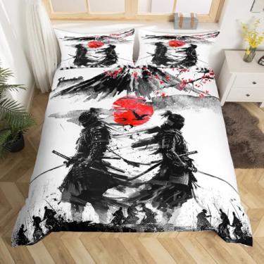 Imagem de Feelyou Conjunto de capa de edredom de samurai japonês, tamanho casal, pôr do sol para mulheres e homens, conjunto de capa de edredom com tema japonês ultra macio, silhueta de paisagem, capa de cama