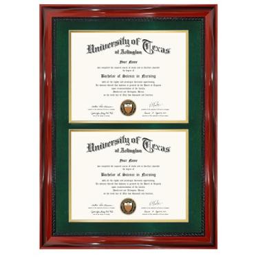 Imagem de GMFrames Moldura dupla para certificado de diploma de 21 x 27 cm, madeira maciça com acabamento em laca cereja e detalhes intrincados de corda, acrílico com proteção UV, costas fáceis de abrir, tapete