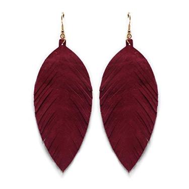 Imagem de Coleção Miracle Brincos femininos de couro macio, grande, feito à mão, franja, pena, leve, com queda de lágrima, cor pendente Vermelho