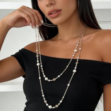 Imagem de Colar longo com pingente vintage para mulheres, elegante, com franjas, longo, colar, corrente, temperamento, joias modernas, 80cm, Metal Pérola, Sem Pedra Preciosa