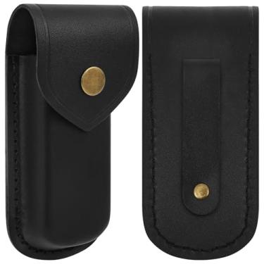Imagem de Bainha de faca de couro, bainha de couro de 14 cm com fecho de pressão e passador de cinto, estojo de faca EDC com bolso dobrável para escalada ao ar livre, acampamento, ciclismo e caminhadas (pacote