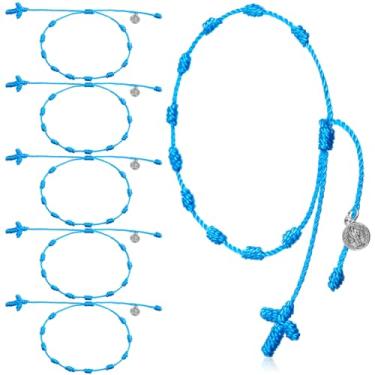Imagem de Yinkin Pulseira de rosário com medalha de São Bento da Páscoa, pulseira trançada com nó ajustável, pulseiras mexicanas de proteção para bebês com bolsas de malha para presentes de Páscoa, mulheres