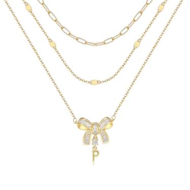 Imagem de YOVIEE Colar feminino com inicial de borboleta, banhado a ouro 14 quilates, 3 camadas, pingente de letra A-Z, colar de corrente de cabo e clipe de papel, nome personalizado, joia delicada, presente
