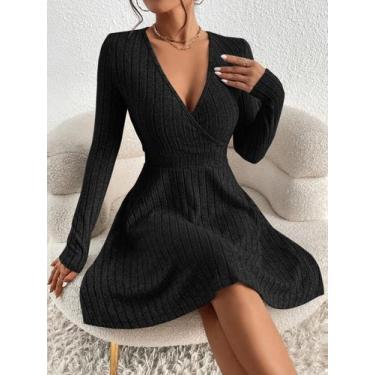 Imagem de Vestido Preto Justo Feminino De Malha Para Outono Inverno Com Cintura 