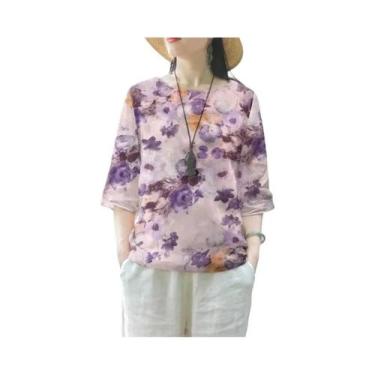 Imagem de Blusa Feminina Boêmia de Algodão e Linho - Manga 3/4, Gola Redonda, Ca