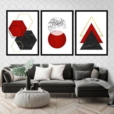 Imagem de Kit 3 Quadros Decorativos Figuras Geométricas Vermelhas