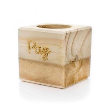 Imagem de Porta Vela Quadrado De Natal Paz Em Madeira E Dourado 7Cm