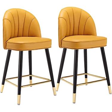 Imagem de Conjunto de 2 Bancos de Bar de Couro Nappa, Banco de Metal Moderno com Encosto Banco de Café de Jantar de Cozinha, Banco de Barra de Altura de Balcão com Apoio para Os Pés, para Sala de Jantar de Bar