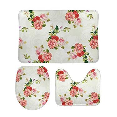 Imagem de Conjunto de tapetes e tapetes de banheiro com estampa floral de rosas, tapete de banheiro de espuma viscoelástica, lavável, antiderrapante, tapete de contorno e tampa para banheiro