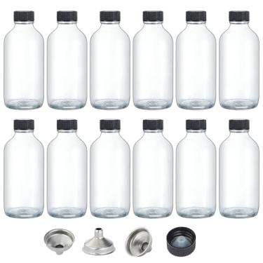 Imagem de Garrafas de vidro de 118 ml com tampas, 12 recipientes pequenos de vidro com tampas e 3 funis de aço inoxidável, garrafas decorativas transparentes reutilizáveis para suco, bem-estar, doses de