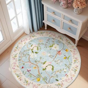 Imagem de jinchan Tapete redondo lavável de 1,5 m tapete floral oriental com destaque circular tapete interno antiderrapante para sala de estar tapete retrô macio vintage para quarto sala de jantar cozinha