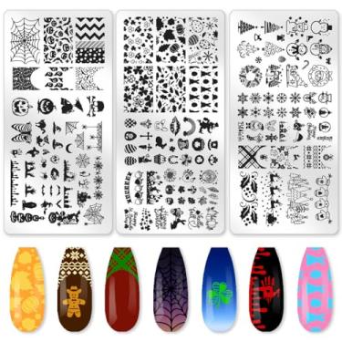 Imagem de beinkmake 3 peças de placa de estampagem de unhas sazonais, modelos de carimbos de unhas para arte de unhas, Páscoa, Dia de São Patrício, Natal, Halloween, imagens, ferramentas, com raspador de