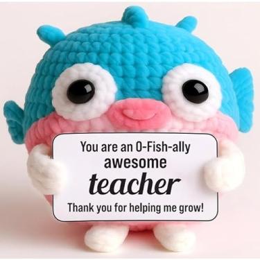 Imagem de Presente bonito de peixe positivo para professores – Presente de apreciação de peixe de crochê feito à mão para mulheres e homens, decoração de mesa de incentivo de agradecimento para sala de aula