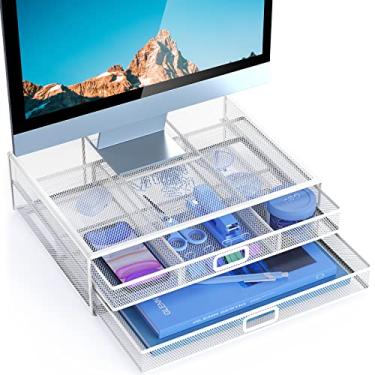 Imagem de Suporte para monitor com gaveta – Organizador de mesa de metal de malha para PC, laptop, notebook, suporte para impressora com gaveta de armazenamento (branco)