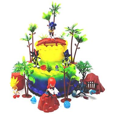 Imagem de Cake Toppers Topo de bolo de aniversário com cena do jogo de luxo SONIC and Friends com figuras sônicas e acessórios temáticos decorativos