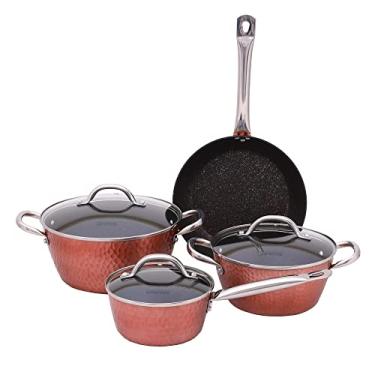 Imagem de Mimo Style Conjunto Quatro Panelas de Indução Bronce, Feitas em Alumínio Martelado e Tampa de Vidro Temperado. Possuem Fundo Triplo e Podem Ser Utilizadas em Fogão de Indução