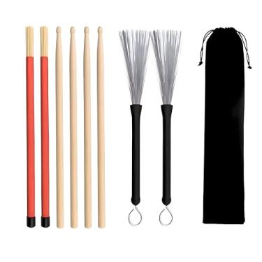 Imagem de Conjunto de pincéis premium para bengala de bateria com bolsa de transporte - bengalas de madeira de bordo, escovas de arame retráteis, escovas de haste para jazz, rock e apresentações acústicas