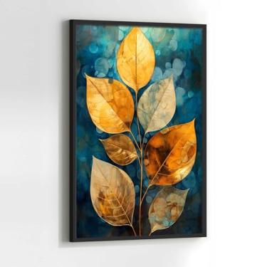 Imagem de Quadro Abstrato Planta Folhas Dourada Azul Verde com Moldura Decorativo 130x90 Sala de jantar Quarto Decoração Vertical Parede