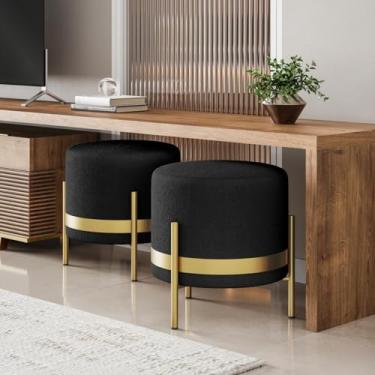 Imagem de KIT 2 Puff Redondo STEEL Tecido Bouclé Cor Preto Base Metal Dourada