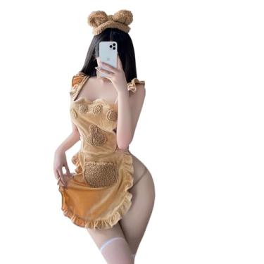 Imagem de SENJIY Lingerie sexy de ursinho de pelúcia para mulheres, roupa fofa de anime costas nuas, cosplay, fantasia, avental, vestido de empregada, macaquinho, minissaia, top frente única, conjunto de faixa