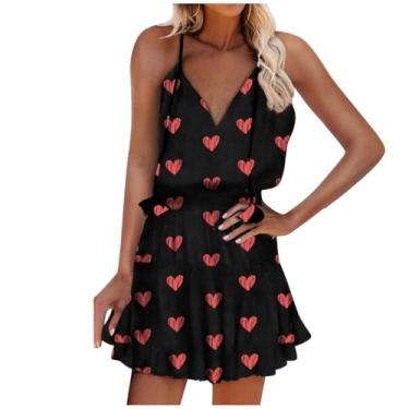 Imagem de Vestido feminino casual estampado com decote em V sem mangas - HUOGUO