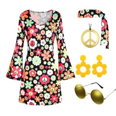 Imagem de Deerjoke Fantasia feminina hippie dos anos 60, 70, estilo 1970, roupas, vestido, sinal de paz, acessórios, joias, dia das bruxas, Preto, XXG