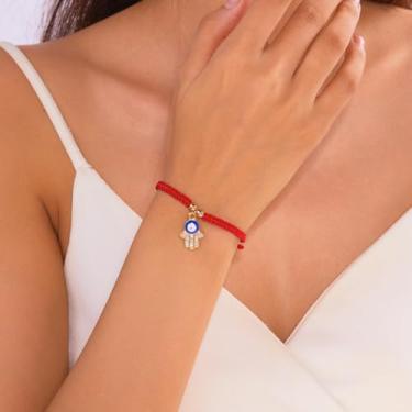 Imagem de Pulseira de cordão vermelha feita à mão com pingente de olho turco Hamsa para proteção e sorte, pulseira de cordão ajustável feita à mão, Medium, Latão, Sem Pedra Preciosa