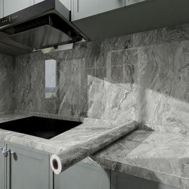 Imagem de Papel de parede efeito mármore cozinha autoadesivo à prova de óleo película protetora de bancada banheiro impermeável resistente a manchas resistente a altas temperaturas fogão renovação papel de