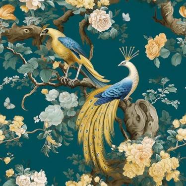 Imagem de Yenhome Papel de parede chinês com tema floral de pássaro tradicional oriental 43 cm x 600 cm descasque e cole papel de parede estético peônia verde pavão papel de parede para quarto, armários de