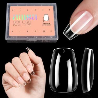 Imagem de AILLSA Pontas de unhas transparentes para caixão, 504 peças, pontas curtas de gel, capa completa, ponta de unha postiça, pré-moldada, para extensões, gel, arte de salão de beleza, 12 tamanhos