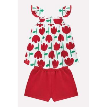 Imagem de Conjunto Meia Malha Estampa Tulipas Kyly, Branco, Vermelho, 1