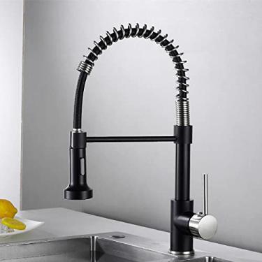 Imagem de Torneiras de cozinha escova torneiras de latão para pia de cozinha de alavanca única pull out primavera bico misturadores torneira de água quente e fria guindaste, preto e escovado, china