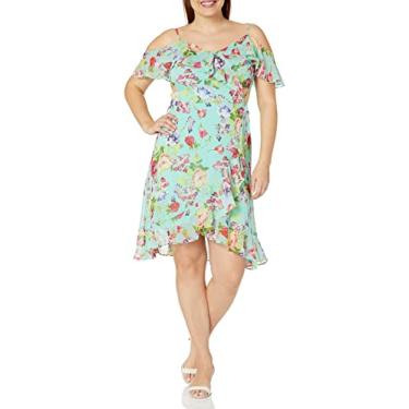 Imagem de London Times Vestido feminino de ombro vazado com babado feminino para ocasião convidada da mãe da noiva, Azul/fúcsia, 38