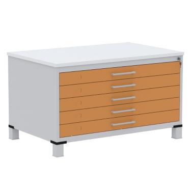 Imagem de Mapoteca 5 Gavetas Pandin 120 cm (Larg) Inmetro Tampo mdp Branco Estrutura Aço Cinza Gaveta Laranja