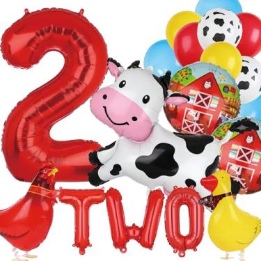 Imagem de 19 balões de animais de fazenda, balão de vaca, tema de animais de fazenda, decoração de festa de 2º aniversário, balões de animais de caminhada, galo de pato, 102 cm, número grande, 2, faixa de duas