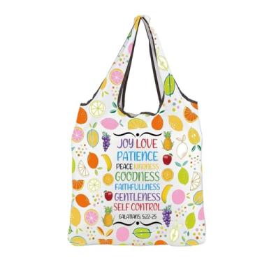 Imagem de MBMSO Bolsa de compras reutilizável cristã presentes bíblicos cristãos para mulheres Gálatas 5 22-25 presentes com estampa de frutas e versículo bíblico presente (Gálatas 5:22-25 F-Bag)