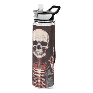Imagem de Burbuja Garrafa de água Horror Skeleton de 940 ml com tampa de palha, à prova de vazamento e livre de BPA para academia, esportes ao ar livre