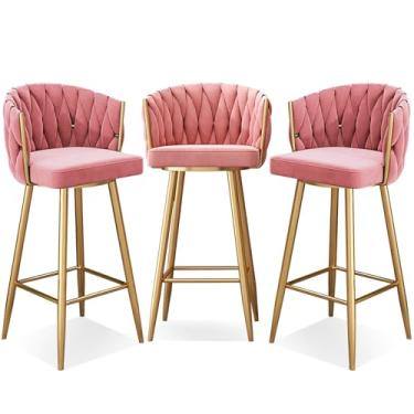Imagem de Banquetas de bar giratórias modernas de 360°, cadeiras de cozinha estofadas de altura de bar com pernas de aço e apoio para os pés, perna dourada rosa, 3 peças