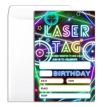 Imagem de Wybgno Laser Tag Convite de festa de aniversário 20 Glow Laser Tag Tema Festa Neon Convite de aniversário com envelopes para meninos meninas cartões de convite de festa -4×6 polegadas -B013
