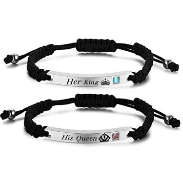 Imagem de MYNENEY Presente para o amante His Queen Her King pulseira de aço inoxidável para casais feminino masculino conjunto de joias combinando, Aço inoxidável, Sem pedras preciosas