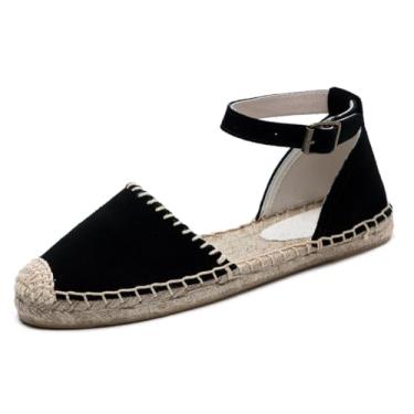 Imagem de U-lite Sandália feminina espadrille rasteira fechada no tornozelo, cadarço clássico verão elegante sapatos rasos, Fivela de camurça preta, 41