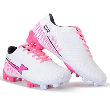 Imagem de Chuteira Campo Cronos Masculino Feminino Adulto Sola Costurada Coonfortável Leve (Branco/Rosa, BR, Adulto, Numérico, 34)
