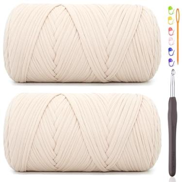 Imagem de 2 fios de camiseta de 400 g para crochê, camiseta bege, tecido elástico grosso, fio de crochê para iniciantes, bolsa de tricô à mão, cesta/porta-copos / artesanato faça você mesmo/decoração de casa
