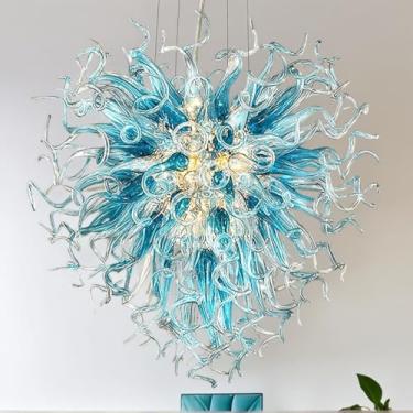 Imagem de Longree Lustre De Vidro Cinza Artístico Azul-Água, Lustres Soprados À Mão, Luminária Pendente Teto Luxo 20" Diâmetro Para Quarto, Sala Jantar, Estar