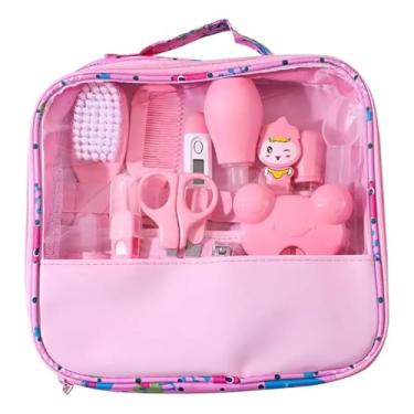 Imagem de Kit Higiene Bebê 13 Peças Escova Pente Termômetro Tesoura Cortador de Unha com Estojo Portátil (Rosa)