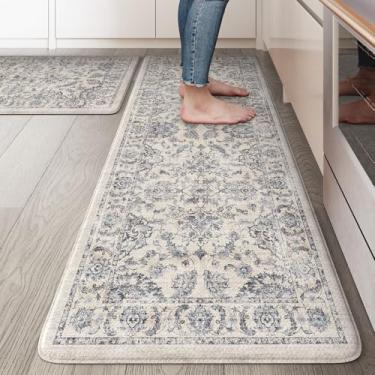 Imagem de KIMODE Tapetes de cozinha antifadiga, ergonômicos, conjuntos de 2, tapetes de cozinha Boho resistente a manchas, antiderrapante impermeável, tapete de pia de cozinha, azul 51 x 119 cm + 51 x 81 cm
