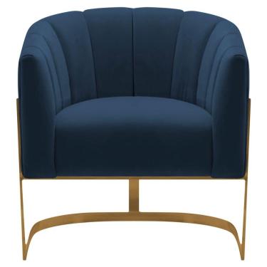 Imagem de Poltrona Decorativa Sala De Estar Recepção Mavie Base De Ferro Dourado Suede Azul Marinho