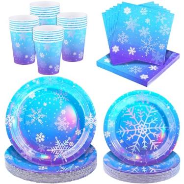 Imagem de Kochorie 96 peças Frozen iridescente inverno floco de neve suprimentos para festa de aniversário conjunto de utensílios de mesa descartáveis pratos de papel copos guardanapos servir 24 convidados para